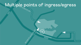 Small map graphic depicting multiple points of entry and exits